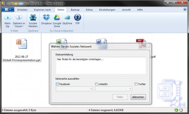 Weitergabe über soziale Netzwerke mit Winzip 17 (Bild: Corel)